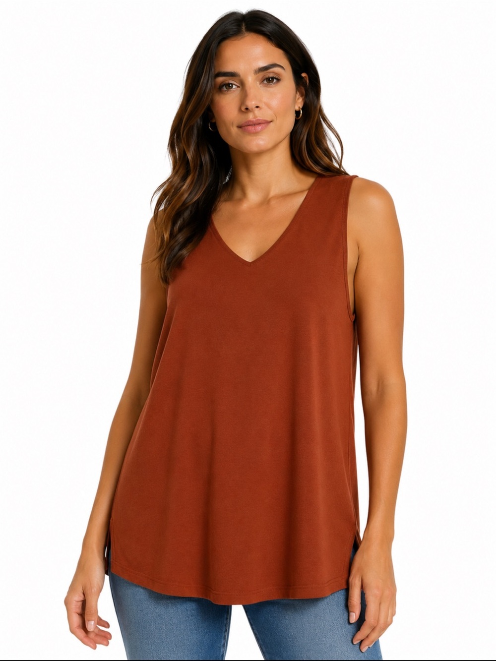 Zenana Women’s Large Rust Burnt Orange V-Neck Sleeveless Tunic Tank Top